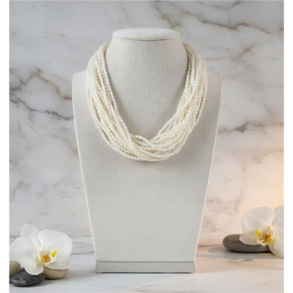 Vintage 24-Strand White Rice Pearl Necklace 16 In Box Clasp